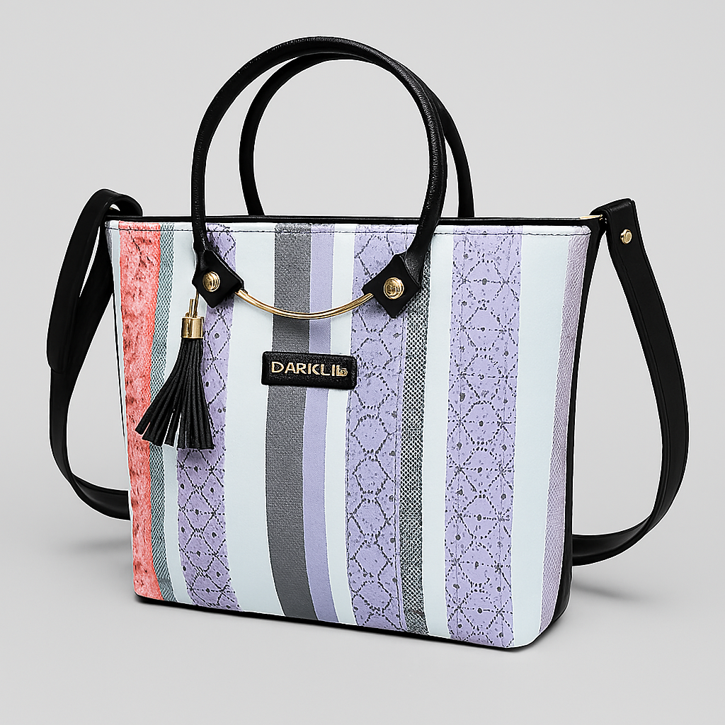 Black Striped Tote Bag with Tassel Detail